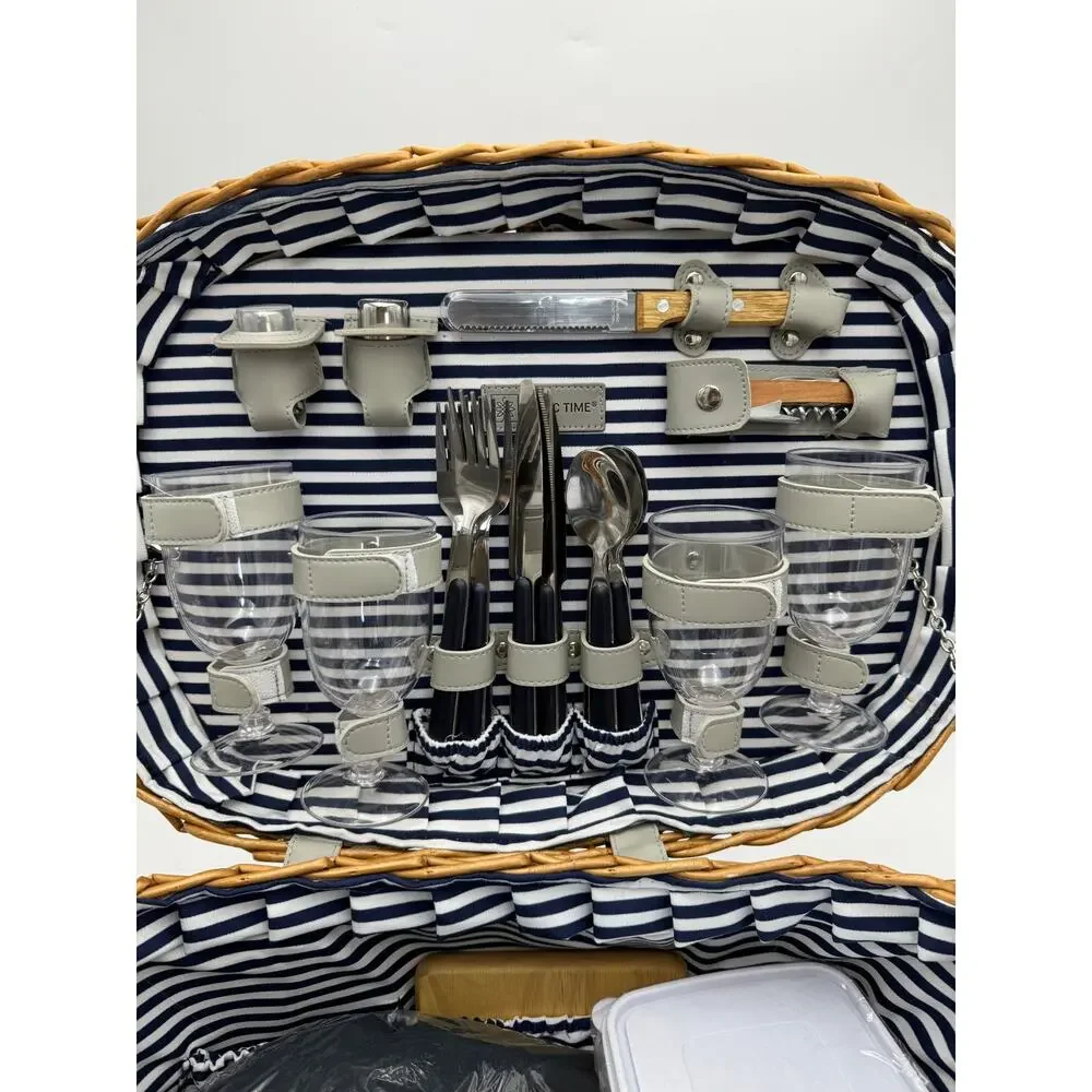 Wicker Picnic Basket with Handle and Navy Accent